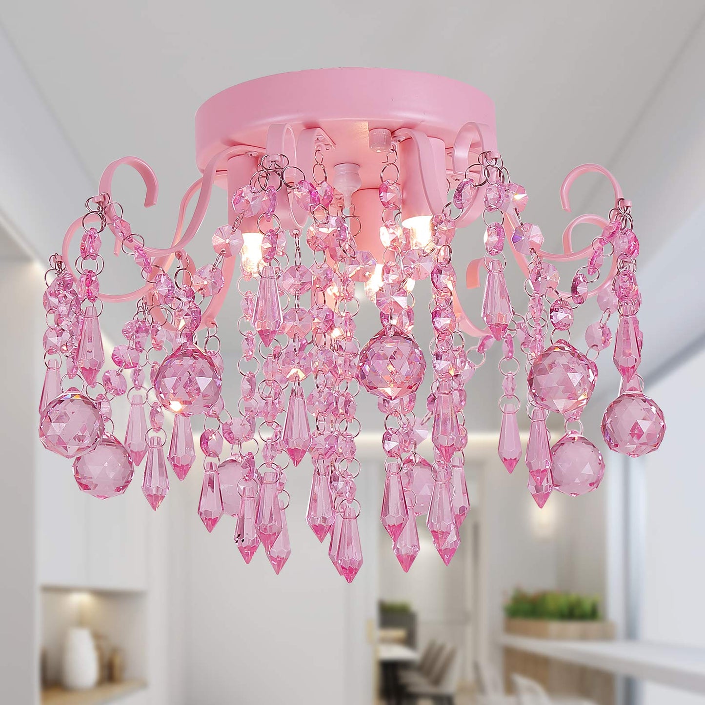 Q&S Mini Crystal Chandelier,Semi Flush Mount Pink Girl Chandelier, Small Crystal Ceiling Light Fixture Bedroom Bathroom Closet Nursery 3 Lights