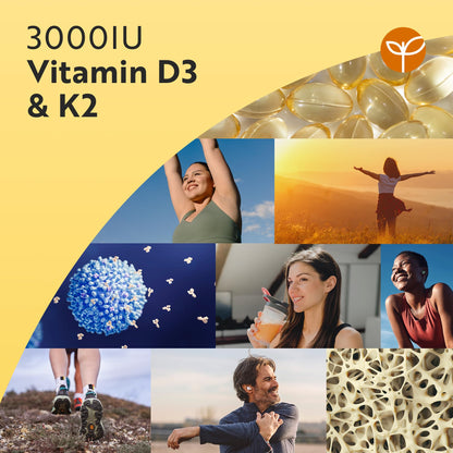 Vitamin D3 3000iu & K2 100ug (MK7) – 120 Vitamin D3 K2 Vegetarian Capsules – Supports Normal Bones, Muscles, Teeth and Immune System – Cholecalciferol & Menaquinone-7 – Made by Nutravita