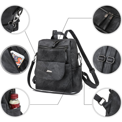 Puwuzixi Women Backpack Waterproof Anti-Theft Lightweight PU Fashion Travel Multipurpose Convertible Purse Shoulder Bag Handbag Backpack Black
