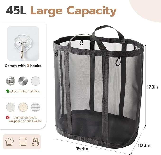 Mesh Laundry bag with Handles, 42L Collapsible Laundry Basket with 2 Hooks