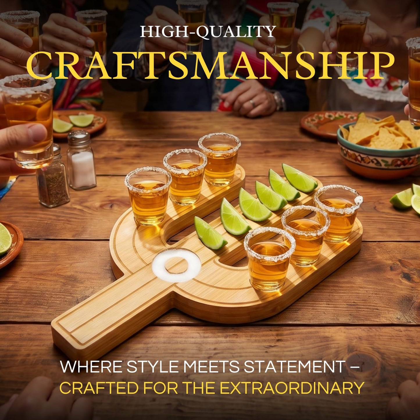 Cactus Tequila Tray & Shot Glasses Set - Tequila Gifts & Mexican Gifts - Bamboo Shot Glass Holder Serving Tray - Flight Board with Lemon Bowl, Salt Rimmer & Shot Glass Set - Party Shot Board, Gift