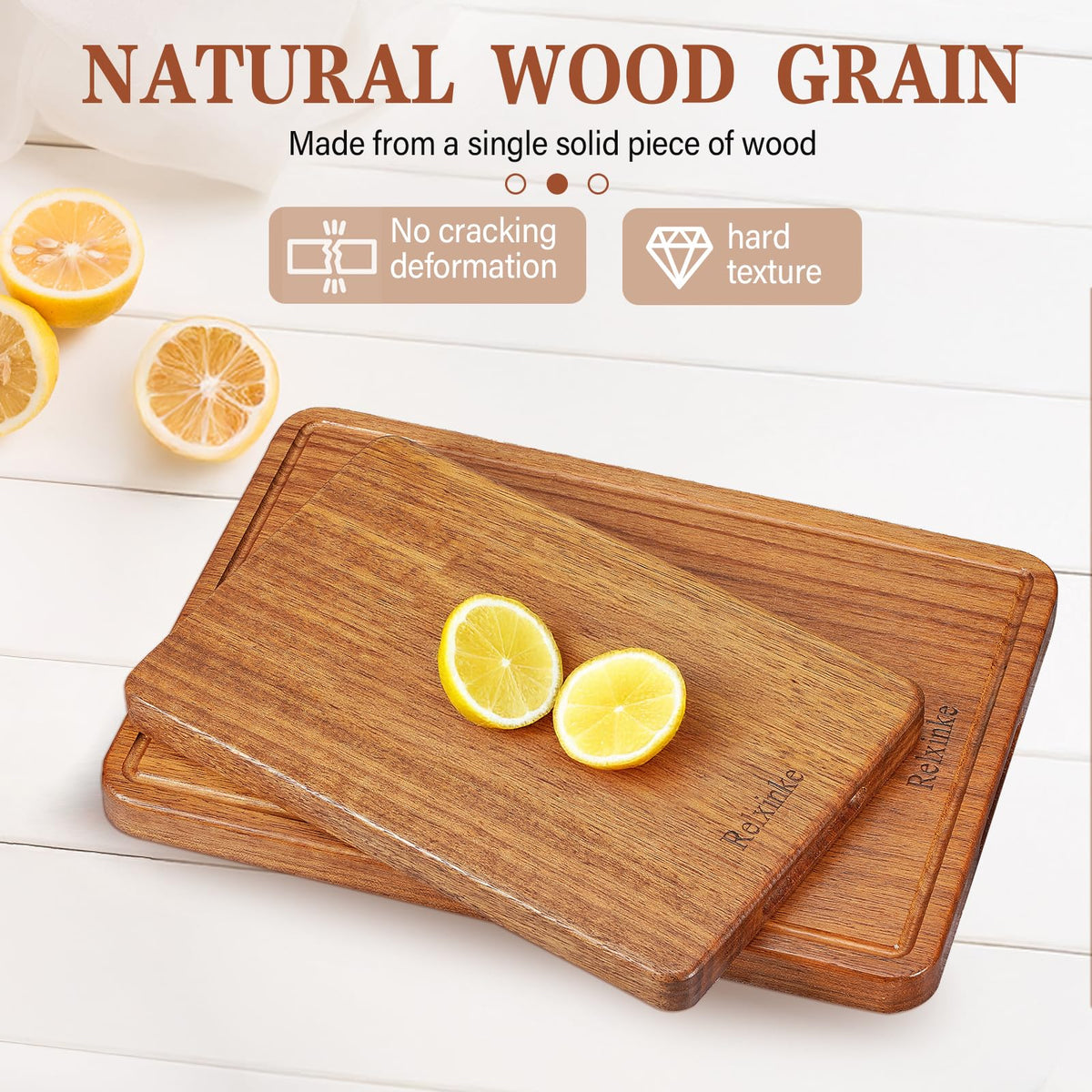 Relxinke Solid Teak Wood Cutting Board One Piece Non Glued Thick Crack Resistant Wooden Chopping Board with DeepJuice Grooves Built in Handles for Kitchen Meat Vegetable 12x8 IN