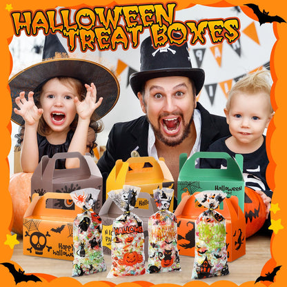 ReliThick 80 Pack Halloween Treat Box with Cellophane Bags Trick or Treat Goodie Cookie Candy Boxes for Treats Pumpkin Halloween Bag for Party
