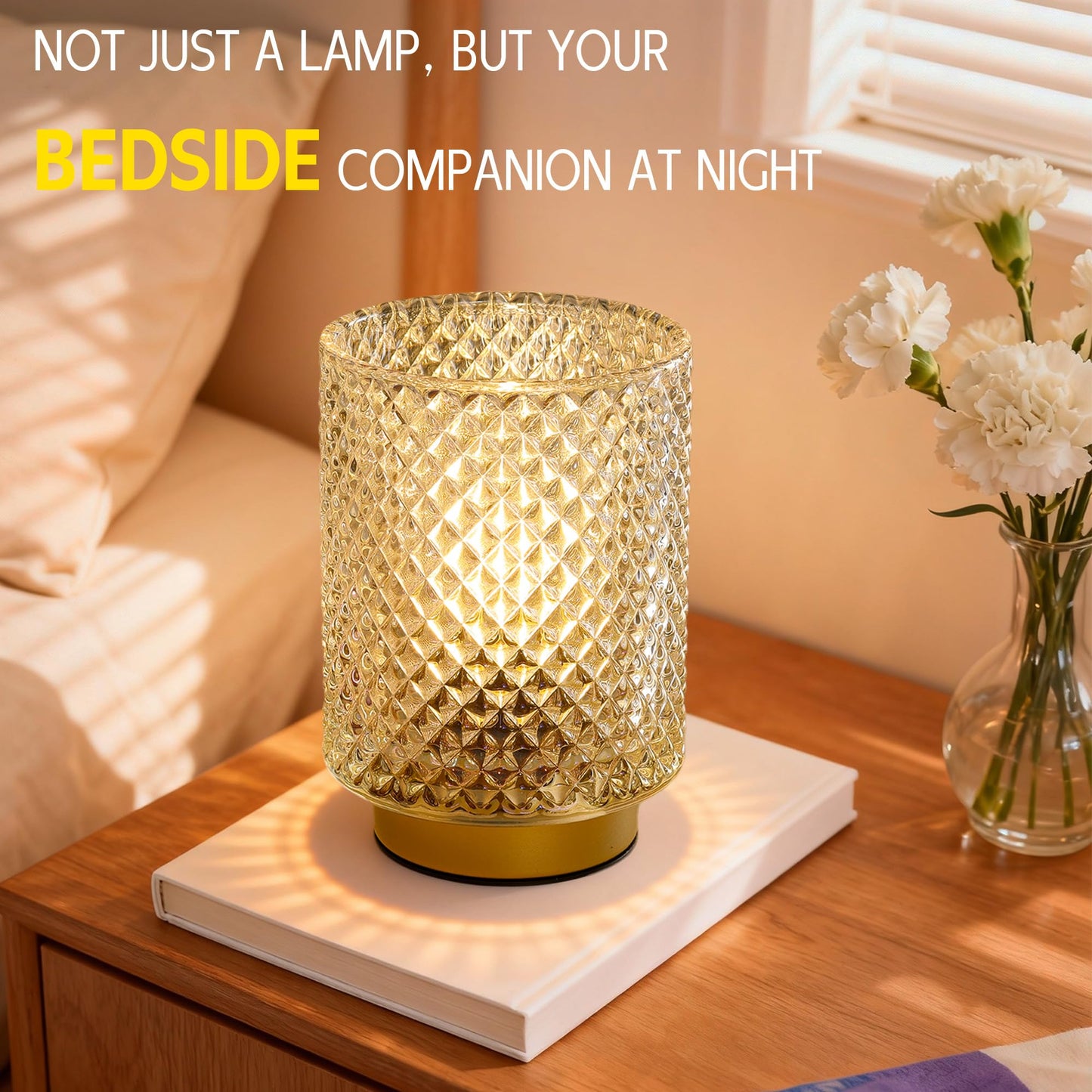 Battery Operated Lamp,Cordless Glass Accent Table Lamp with Timer for Bedside,Small Decorative Lamp with Warm White LED Bulb for Nightstand/Bookshelf/Entryway/Tabletop/Counter Decor(Iridescent Clear)