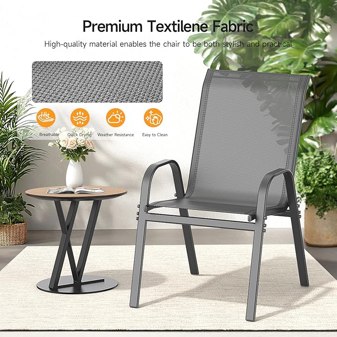 ONBRILL Patio Chairs set of 6, Easy Assembly Stackable Outdoor Dining Chairs with Wide Seat and Sturdy Metal Frame, Breathable All Weather Textilene Outdoor Chairs Set of 6 for Deck, Pool, Porch, Grey