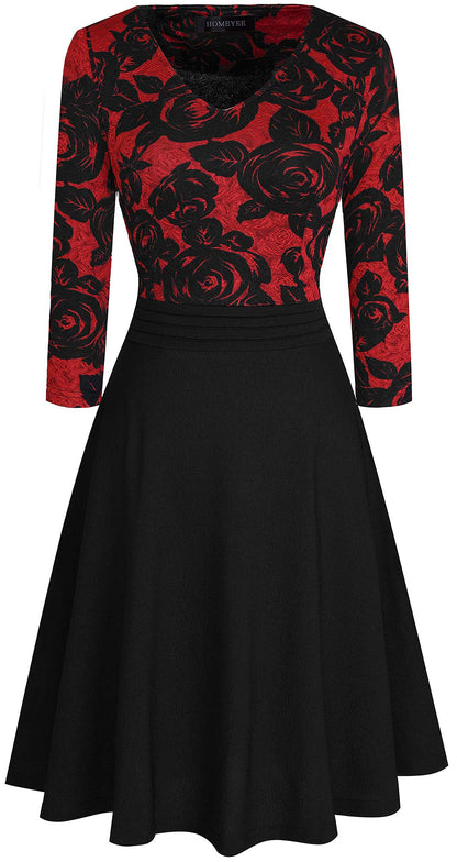 HOMEYEE Women's Chic V-Neck Lace Patchwork Flare Party Dress A062 (4, Red+Black Fabric B)