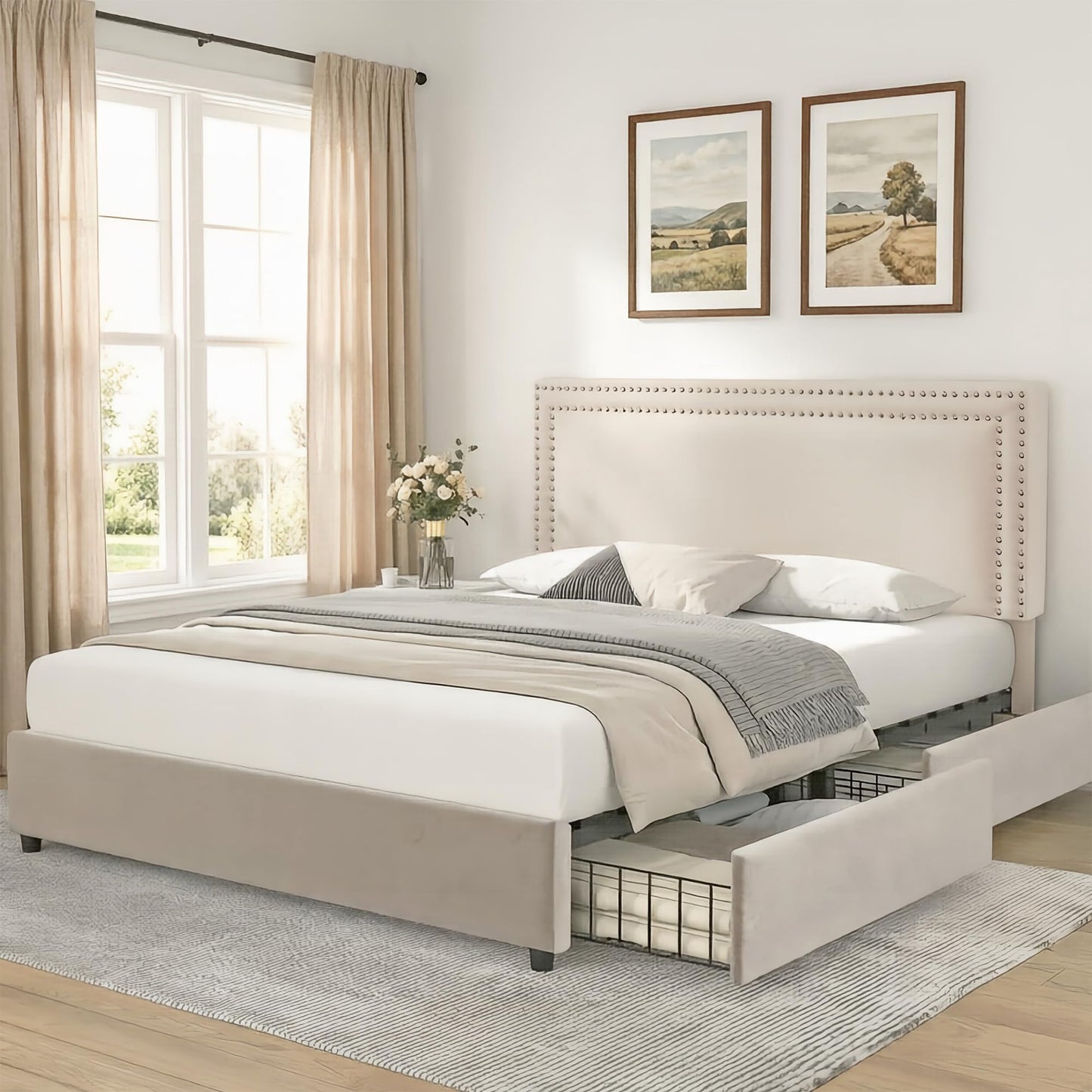 VECELO Full Size Upholstered Bed Frame with 4 Storage Drawers, Adjustable Velvet Rivet Decor Headboard, Wooden Slats Platform Support, No Box Spring Needed, Easy Assembly,Beige