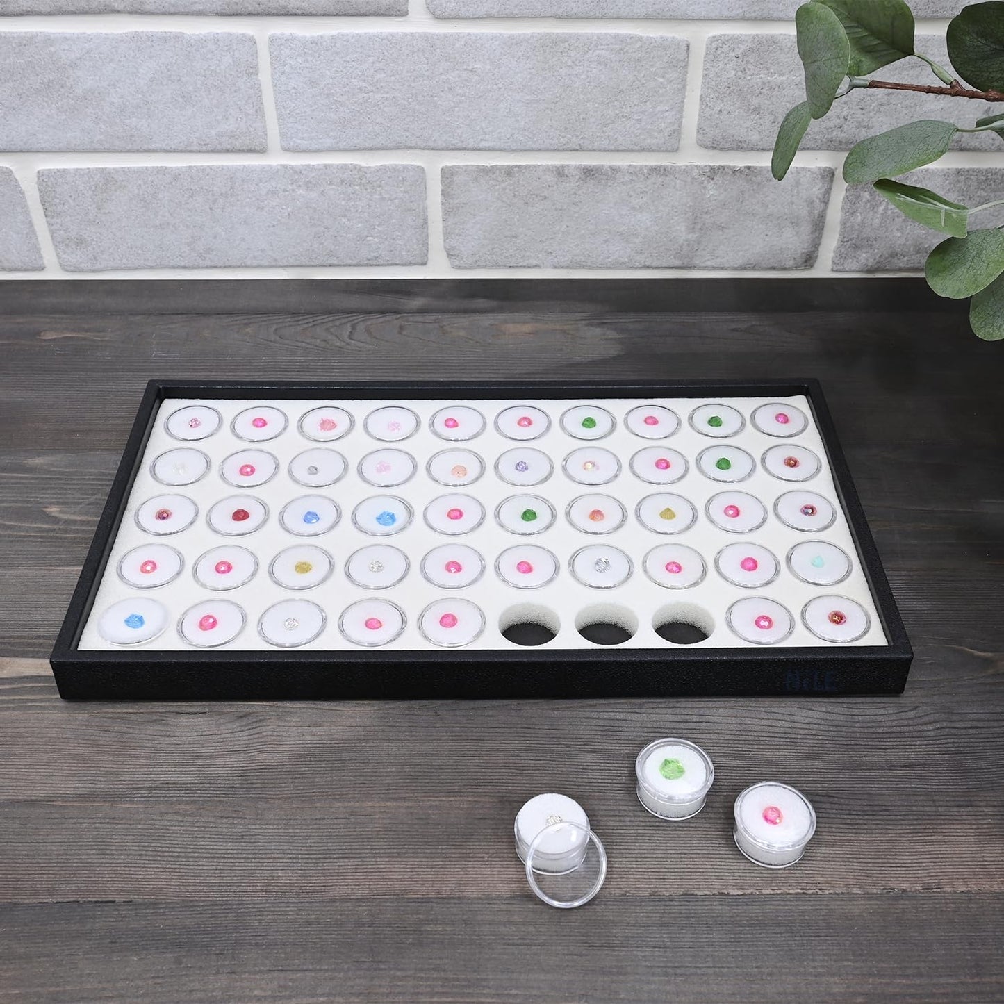 Ikee Design White Foam Gem Jars Showcase Stackable Display Tray for Collectibles, Home Organization Storage Box with 50 Gemstones and Bead Storage Jars, White Foam/Black Tray
