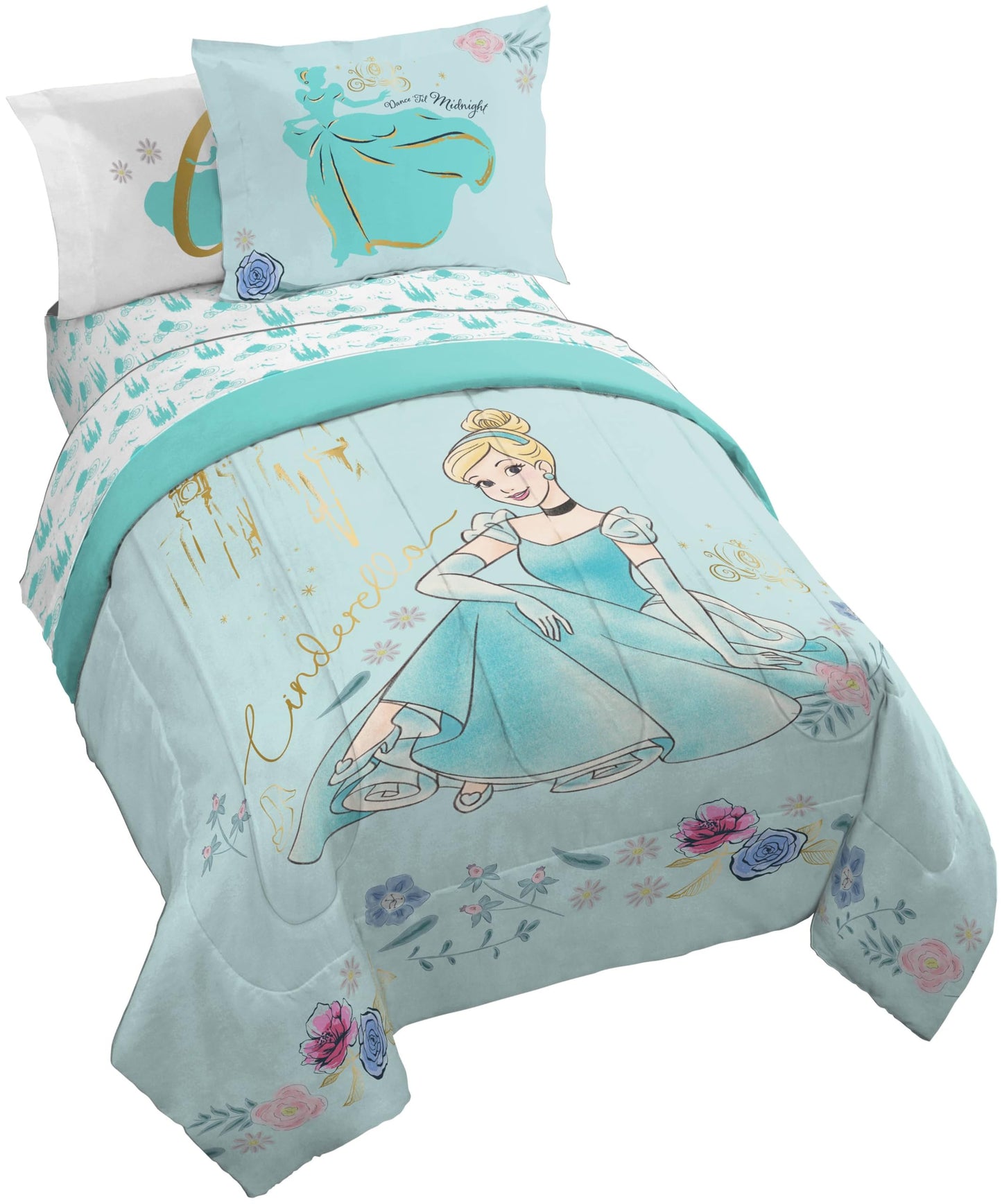 Jay Franco Kids Comforter Set Includes Sheets and Pillow Covers - Soft and Cozy Bed Set for Stylish Room Decor, Official Licensed Bedding, Blue - Princess Cinderella, 7 Piece Full