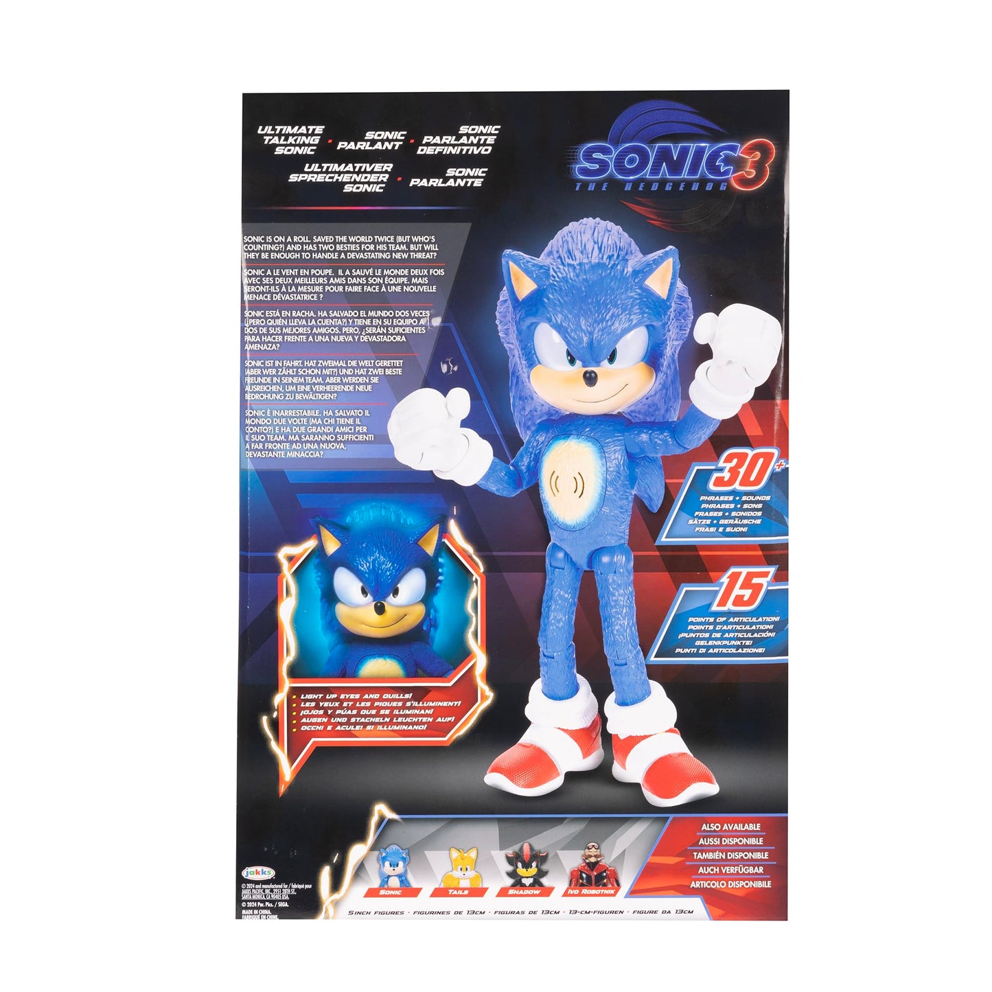 Sonic The Hedgehog 3 Ultimate Talking Sonic 34cm / 12-Inch Figure, Features 30+ Iconic and Humorous Phrases and Sounds from the Movies, Light-Up Eyes and Quills