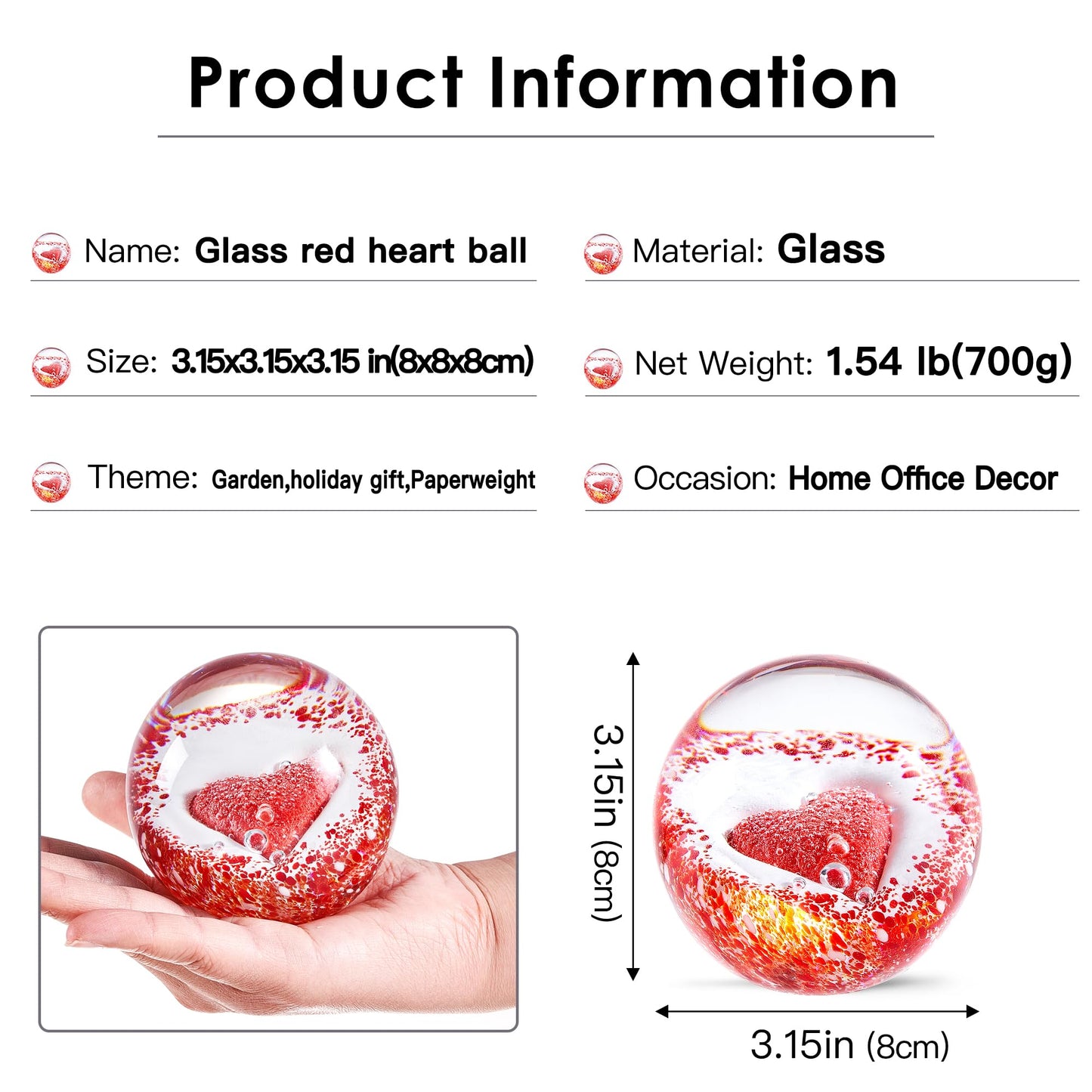Hand Blown Glass Red Heart Paperweight ball for Birthday Gift,Home Decor Collectible,Office Decor Lovers.
