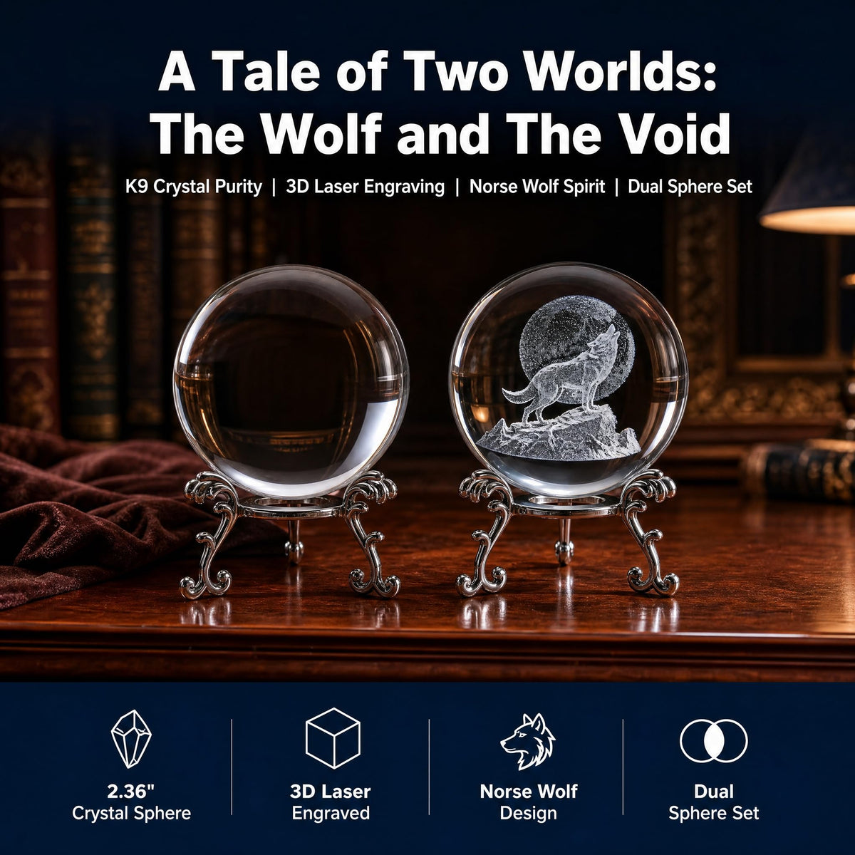 vskikris 2 Crystal Balls with Silver Stands - 3D Laser Engraved Wolf & Moon & Clear Crystal Sphere Set, Decorative Paperweights, Home & Party Decor, Photography Props, for Men & Nature Lovers