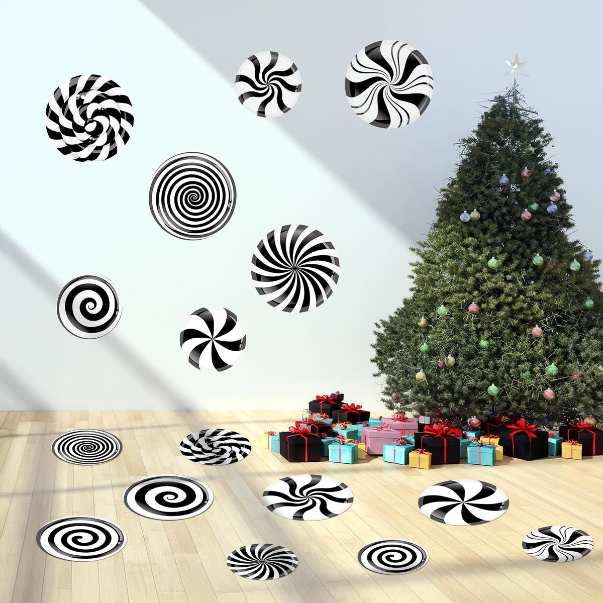 YooNotee 16 Pcs Large Peppermint Christmas Floor Decals Removable Pastel Candy Christmas Floor Stickers Xmas Wall Decals for Home Counters Party Decorations (Black and White,Classic)