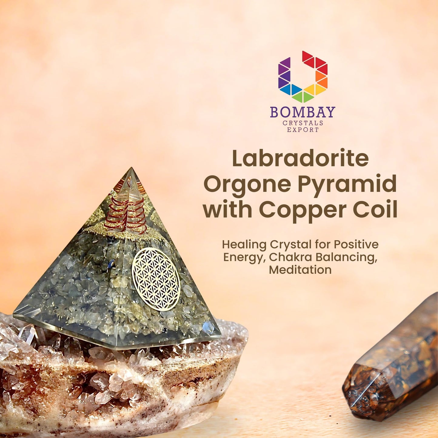 Labradorite Orgone Pyramid Handmade – Orgonite Crystal Pyramid with Copper Coil – Meditation Decor, Spiritual Desk Accent, Chakra Inspired Home & Office Gift