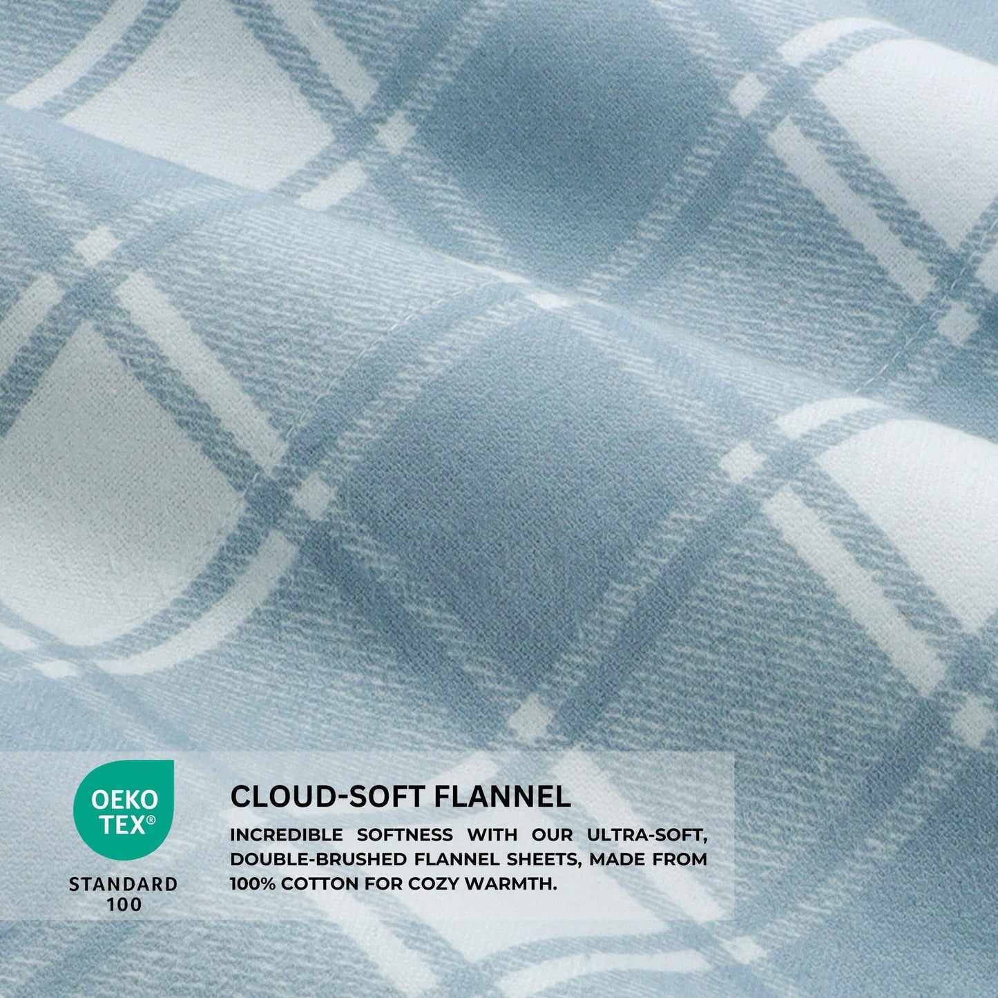 Featherhead™ 100% Cotton 4PCs Flannel Sheet Set, Full Size, Blue Plaid | Double-Brushed for Extra Softness, Warm & Breathable, Extra Deep Pockets fits Up to 17” – 1 Flat, 1 Fitted, 2 Pillowcase