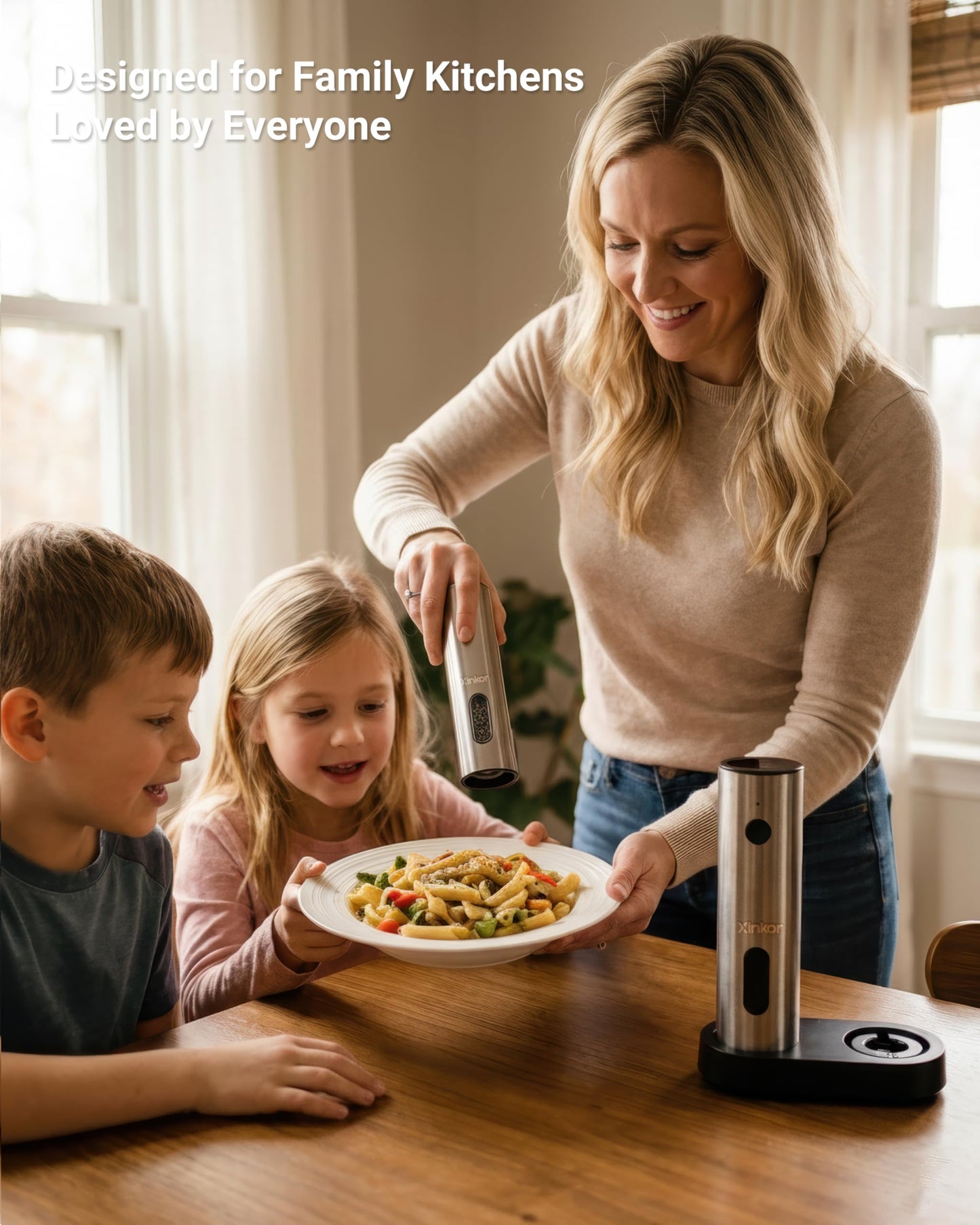 XINKOR Electric Salt and Pepper Grinder Set with USB-C Charging Base, Stainless Steel Automatic Rechargeable Salt and Pepper Grinder with LED Light & Large Capacity, 6 Adjustable Coarseness Settings
