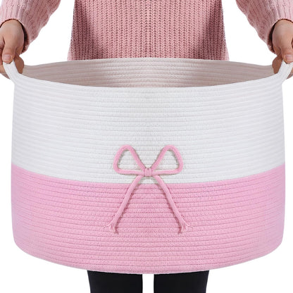 Breling 70L Pink Bow Extra Large Cotton Rope Basket 21" x 14", Woven Baby Laundry Blanket Basket Box with Handle Storage, Blanket Storage for Living Nursery Pillows Laundry Baby Toy Chest