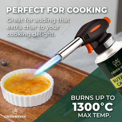 Green Haven Blow Torch for Cooking Attachment Head with 4 Gas - One-Handed Gas Torch with Adjustable Flame & Safety Lock, Fits All Butane Tanks, Ideal for Creme Brulee, Desserts, BBQ, Baking