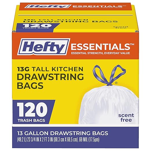 Hefty Essentials Drawstring 13 Gallon Kitchen Trash Bags, Tall Unscented Trash