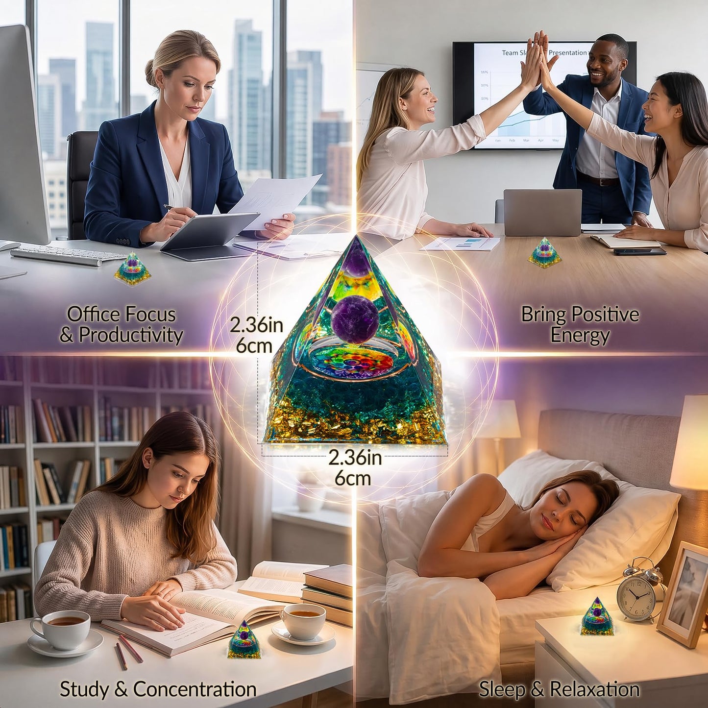 Orgone Crystal Pyramid for Positive Energy, Amethyst Sphere Seven Chakra Rainbow Crystal Pyramid, Blue Green Crystal Chips Energy Generator, Meditation Energy Healing Decor & 2 pcs Rose Quartz Heart