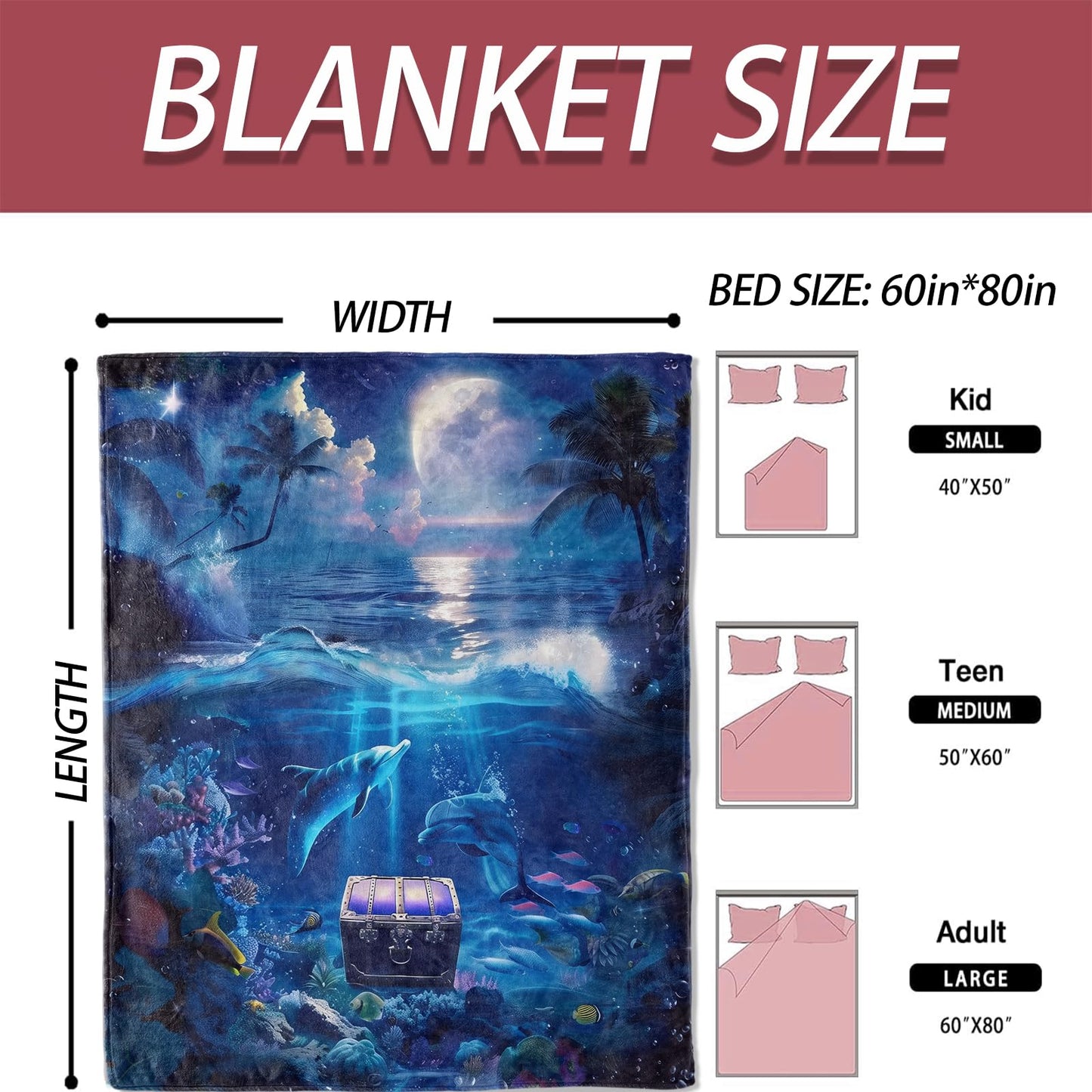 ICAAV Dolphin Ocean Blanket 50×60 Inch,Magical Moonlight Sea Lightweight Flannel Throw with Coral Reef, Treasure Chest and Marine Life, Fantasy Decor,Gifts for Kids, Teens,Dreamers