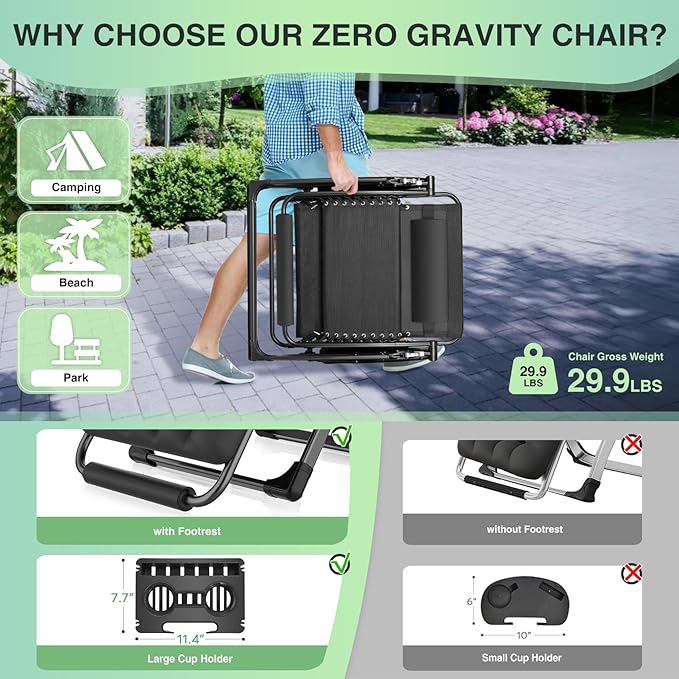 Suteck Oversized Zero Gravity Chair, 29In XL Outdoor Recliner Chair w/Removable Cushion&Headrest, Camping Lounge Chair w/Upgraded Lock&Footrest, Reclining Patio Chairs for Indoor Outdoor,500LBS