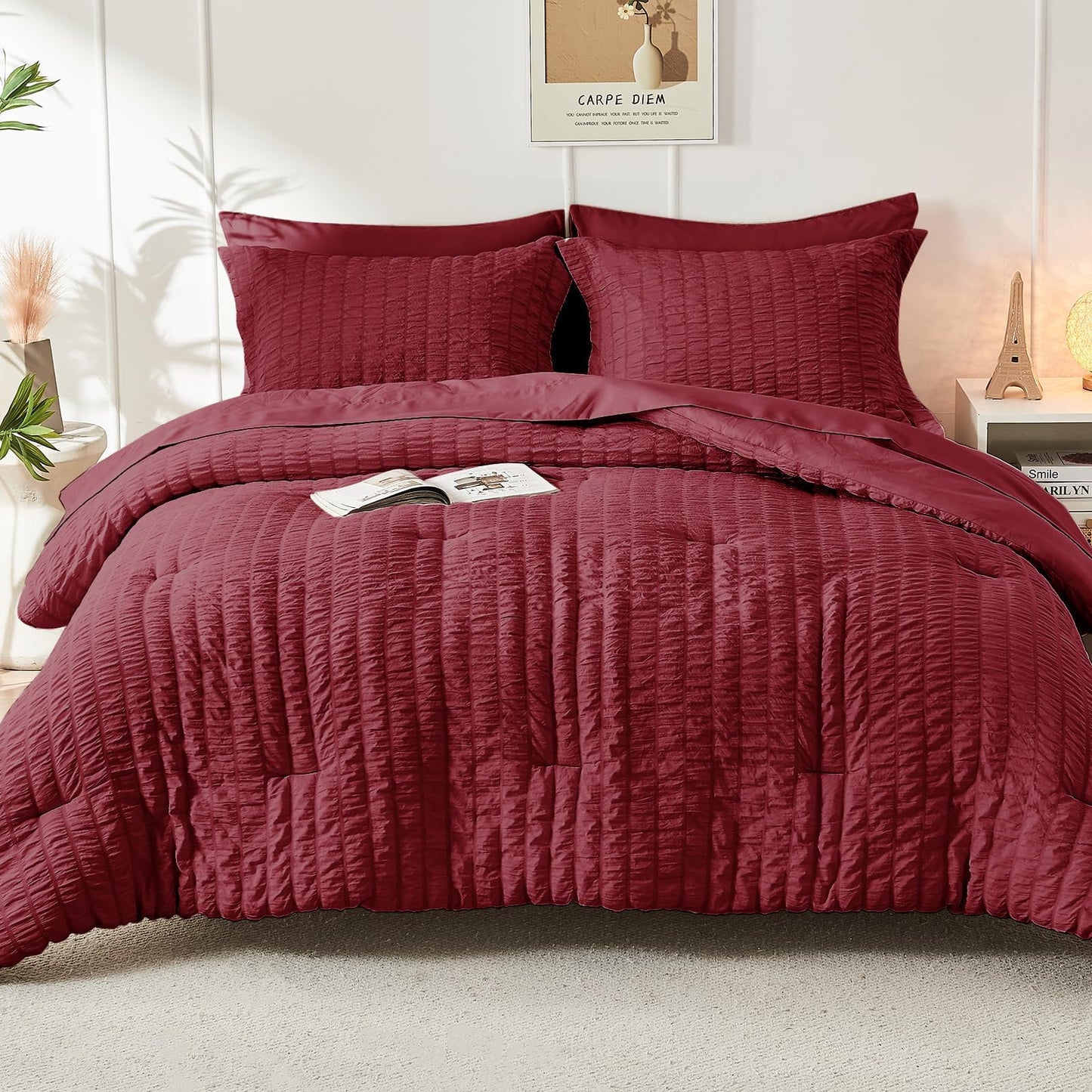HYMOKEGE Burgundy Full Size Comforter Sets Seersucker 7 Pieces, All Season Luxury Bed in a Bag for Bedroom, Bedding Set with Comforters, Sheets, Pillowcases & Shams
