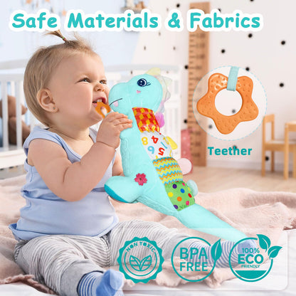 Baby Dino Plush Soft Stuffed Animal Toy for 0-3-6-12+ Months,Infant Musical Toy with Rattle,Squeaker,Sensory Crinkle,Teether & Textures,Tummy Time Toys Christmas Baby Gift for Newborn Girl Boy (Blue)