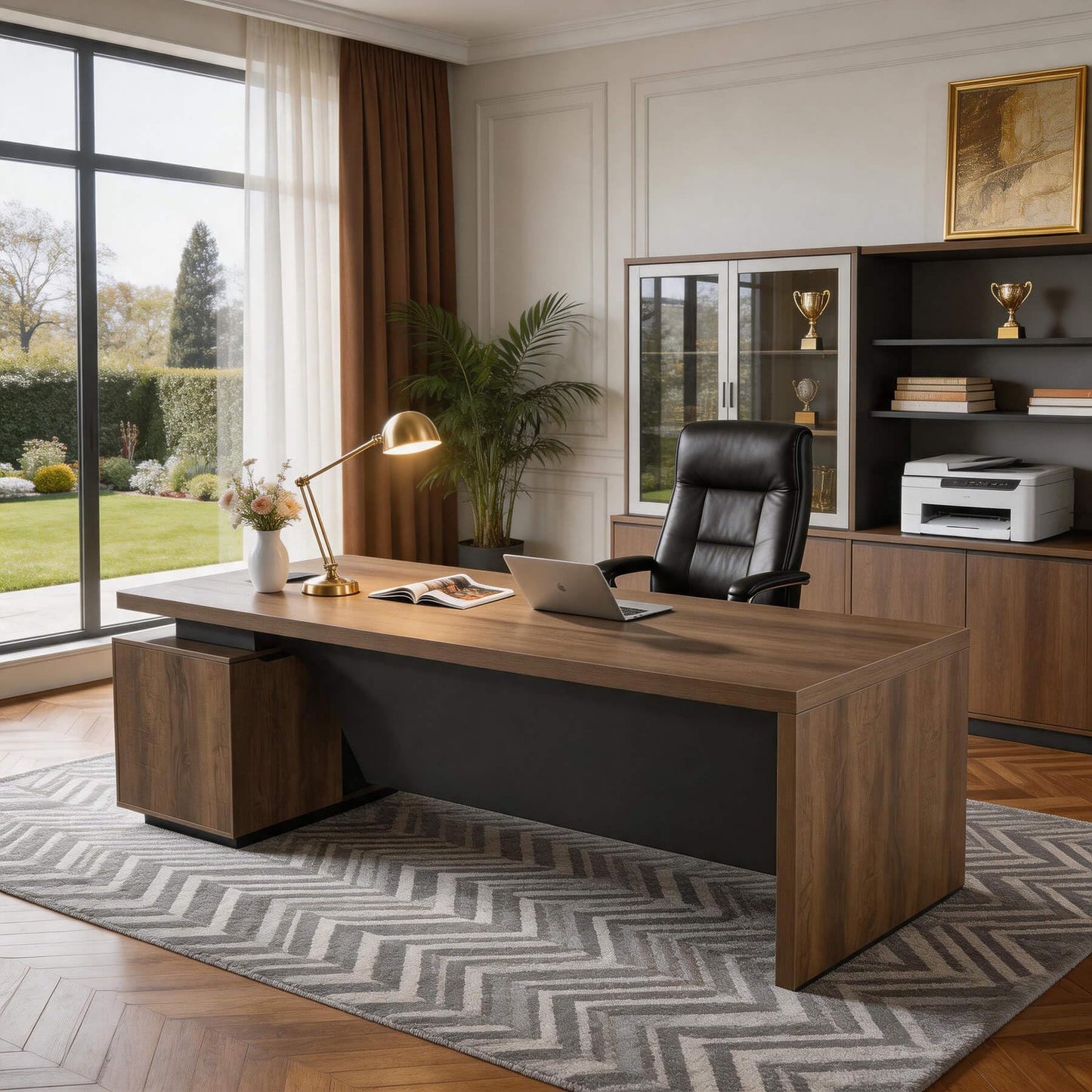 ONNAHOMEStlyle L Shaped Desk with File Drawer, Solid Wood Large Executive Desk for Home Office, Adjustable Width (86.6" to 94.5"), Storage Cabinet & 2 Drawers, Right Return
