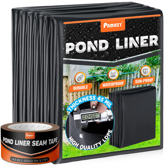PAMAZY [Premium] 45 Mil LDPE Pond Liner with Seam Tape, Pond Lining for Fish Pond, Performed Garden Ponds, Large Pond Liner for Fishpond, Koi Pond, Waterfall, Streams (19.7 x 26.2FT)