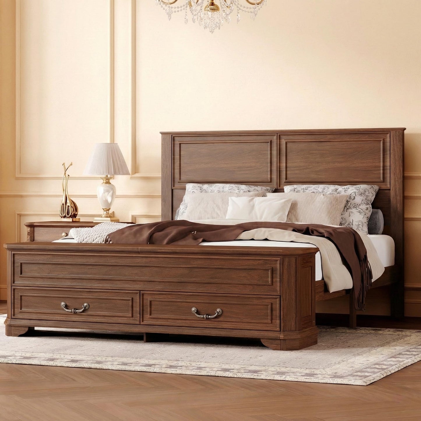 Ball & Cast Farmhouse Queen Size Bed Frame with Tall Headboard and Storage Bench,Wood Platform Bed Frame Queen Size with with Storage Footboard & 2 Large Storage Drawers, No Box Spring Needed,Walnut