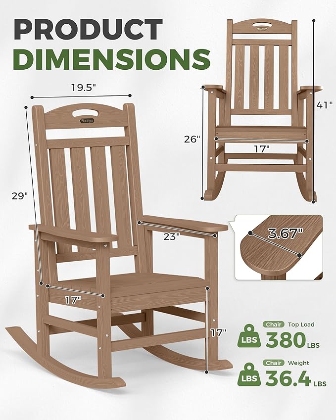 Oversized Outdoor Rocking Chairs Set of 4, High Back Porch Rocker Chair, HDPE All Weather Resistant Rocking Chairs for Patio,380lbs Weight Capacity, Teak