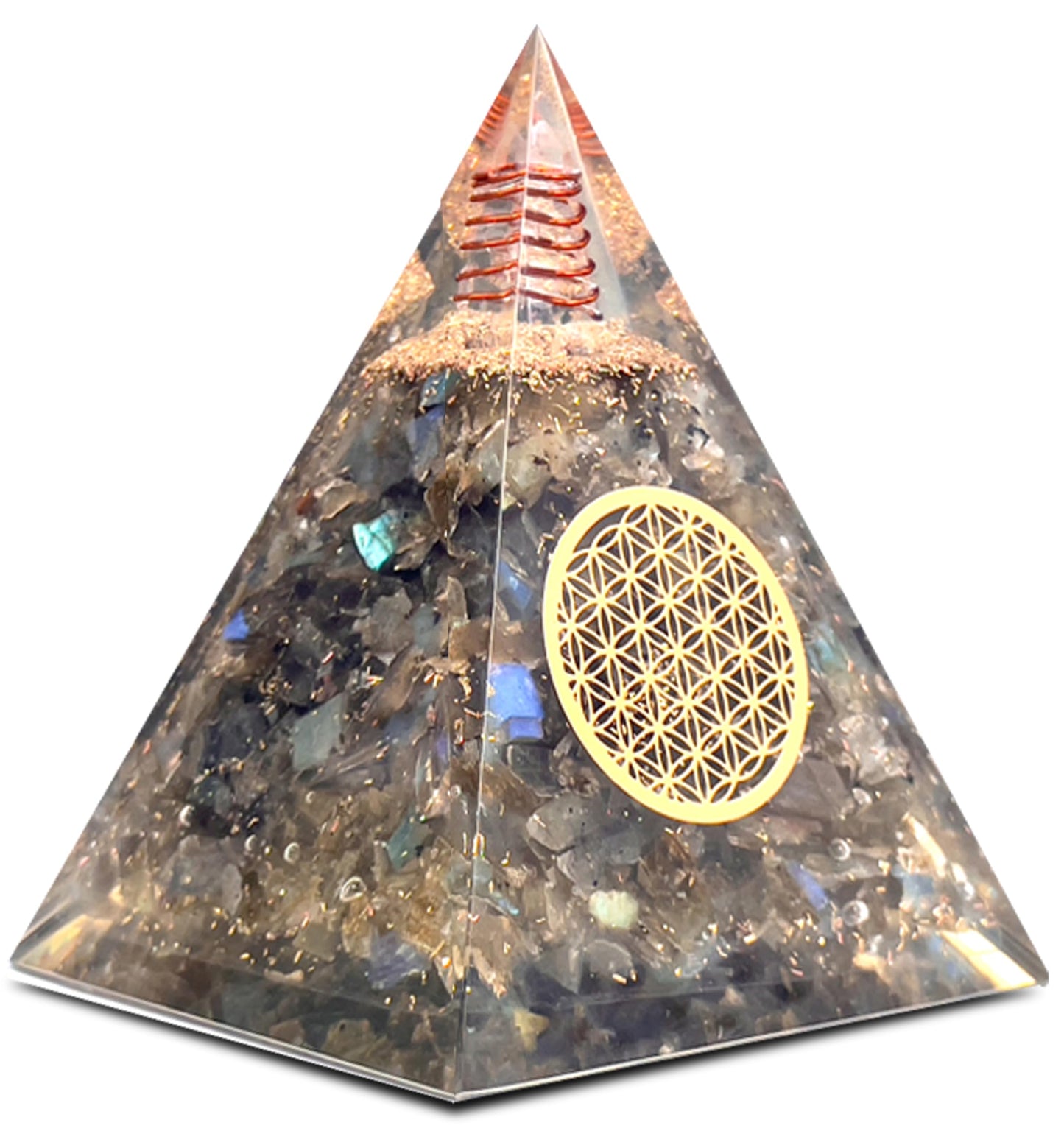 Labradorite Orgone Pyramid Handmade – Orgonite Crystal Pyramid with Copper Coil – Meditation Decor, Spiritual Desk Accent, Chakra Inspired Home & Office Gift