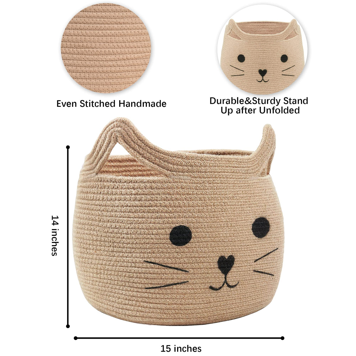 VK VK·LIVING Animal Baskets Large Woven Cotton Rope Storage with Cute Cat Design Laundry Organizer for Towels, Blanket, Toys, Clothes, Gifts – Cat Toy Box Pet or Baby Gift Baskets 15"Lx14H"