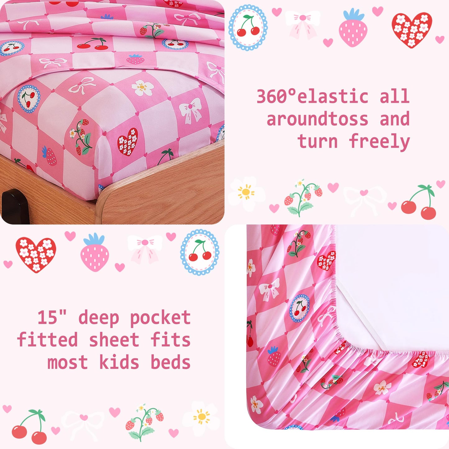 Softan Kids Bed Sheet Set, 3-Piece Twin Sheets Set, Microfiber Fitted Sheet with Corner Straps, Breathable & Silky Soft Pink Fruit Checkered Pattern Sheet and Pillowcase Sets