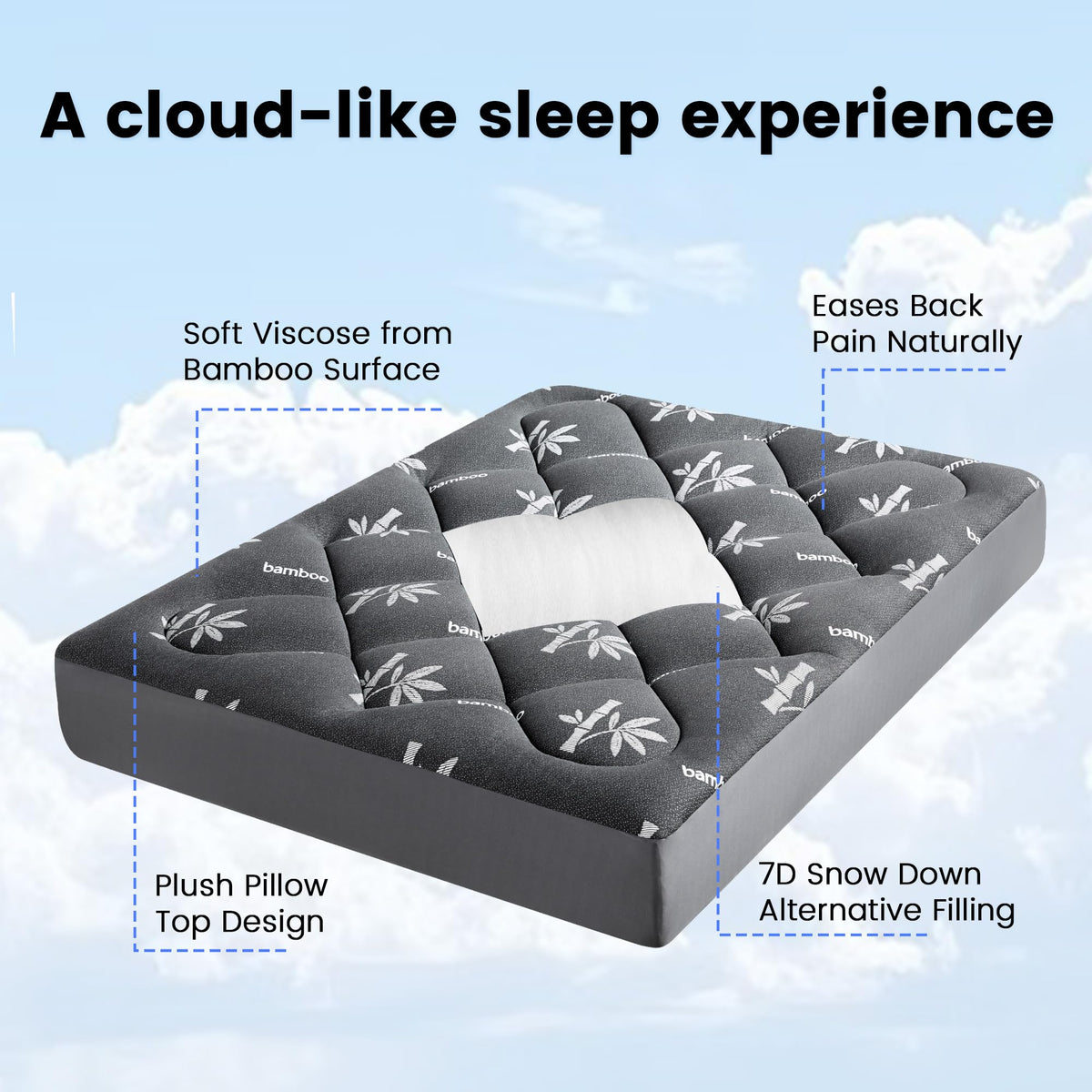 Mattress Topper Queen Size - Viscose Made from Bamboo Pillow Top Mattress Pad with Deep Pockets - Soft Mattress Topper for Back Pain Relief(60"x80",Black)