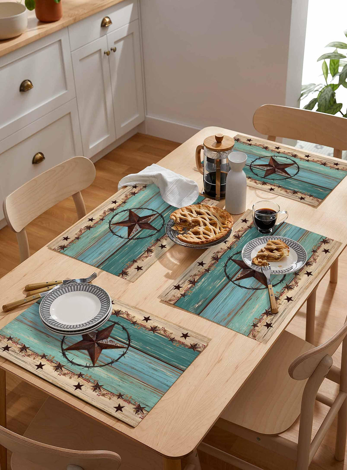 Western Texas Star Placemats Set of 6 Retro Turquoise Wooden Rustic Farmhouse 13x19 Inch Washable Non Slip Linen Table Mats, Rustic Summer Placemats for Dining Table Party Kitchen Decor