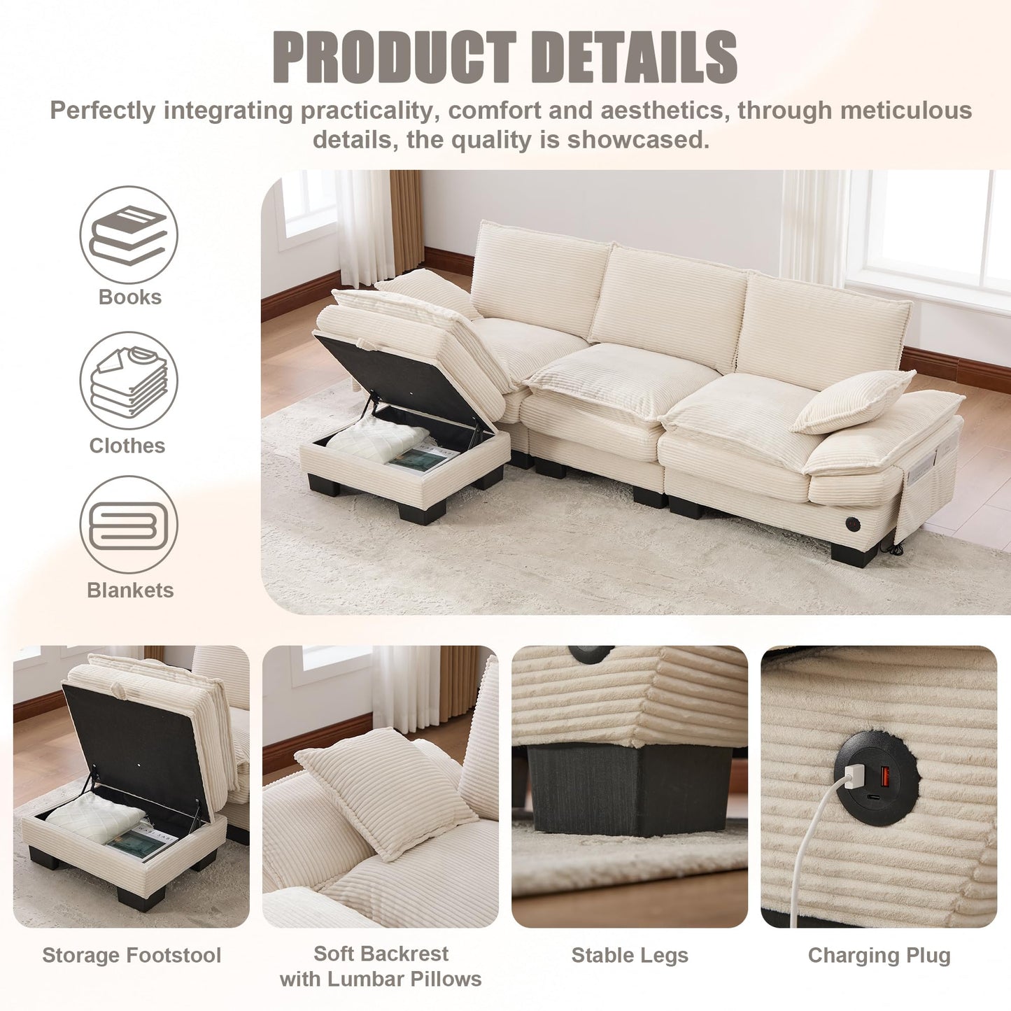 102" Oversized Cloud Modular Sectional Sofa with Movable Ottoman, Free Combination Convertible L Shaped Corner Couch Sets,Comfy Corduroy Upholstered Beige Sofa & Couch for Living Room
