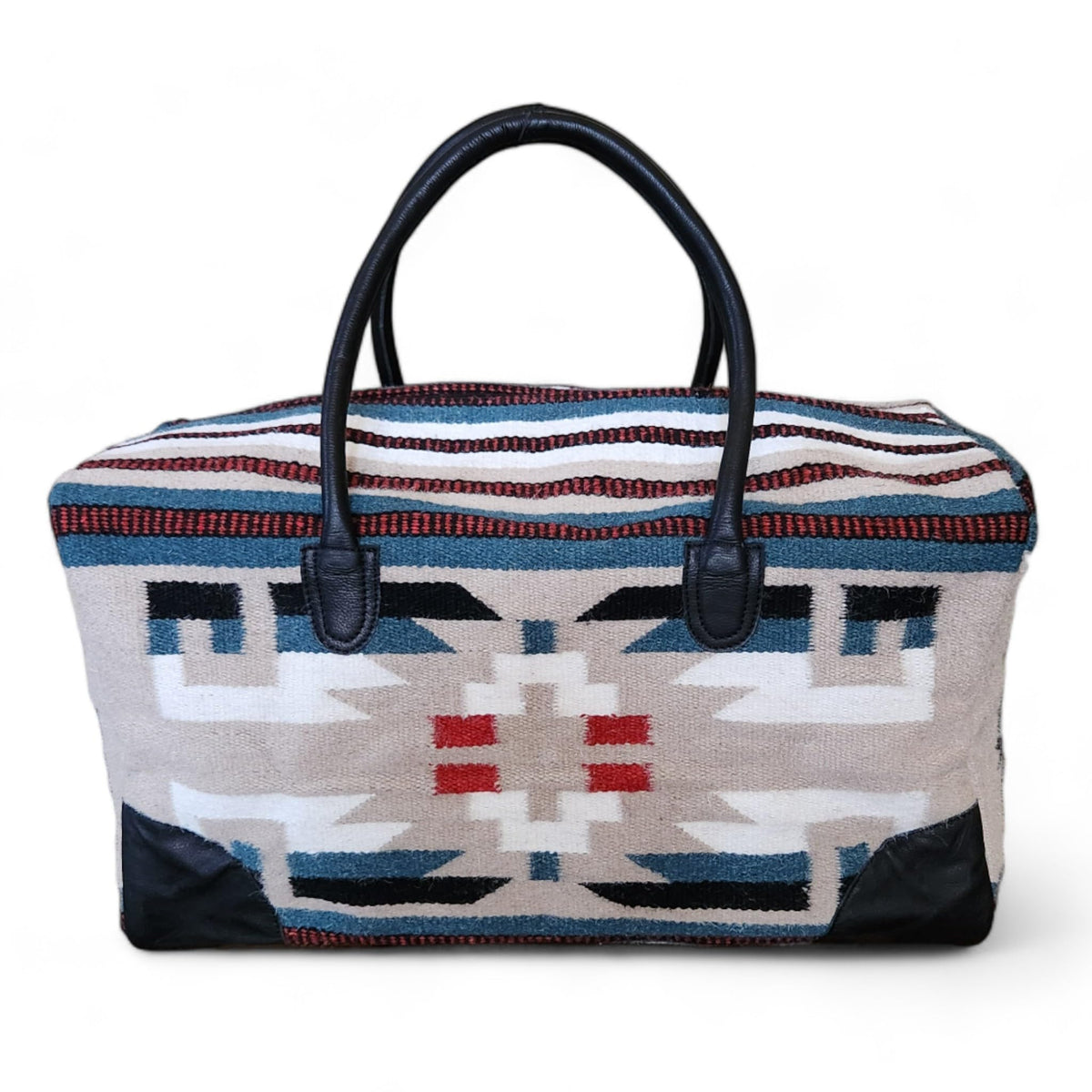 Aztec Large Weekender Southwestern Duffel Bag Saddle Blanket Bag 100% Leather Handles (Sahara)
