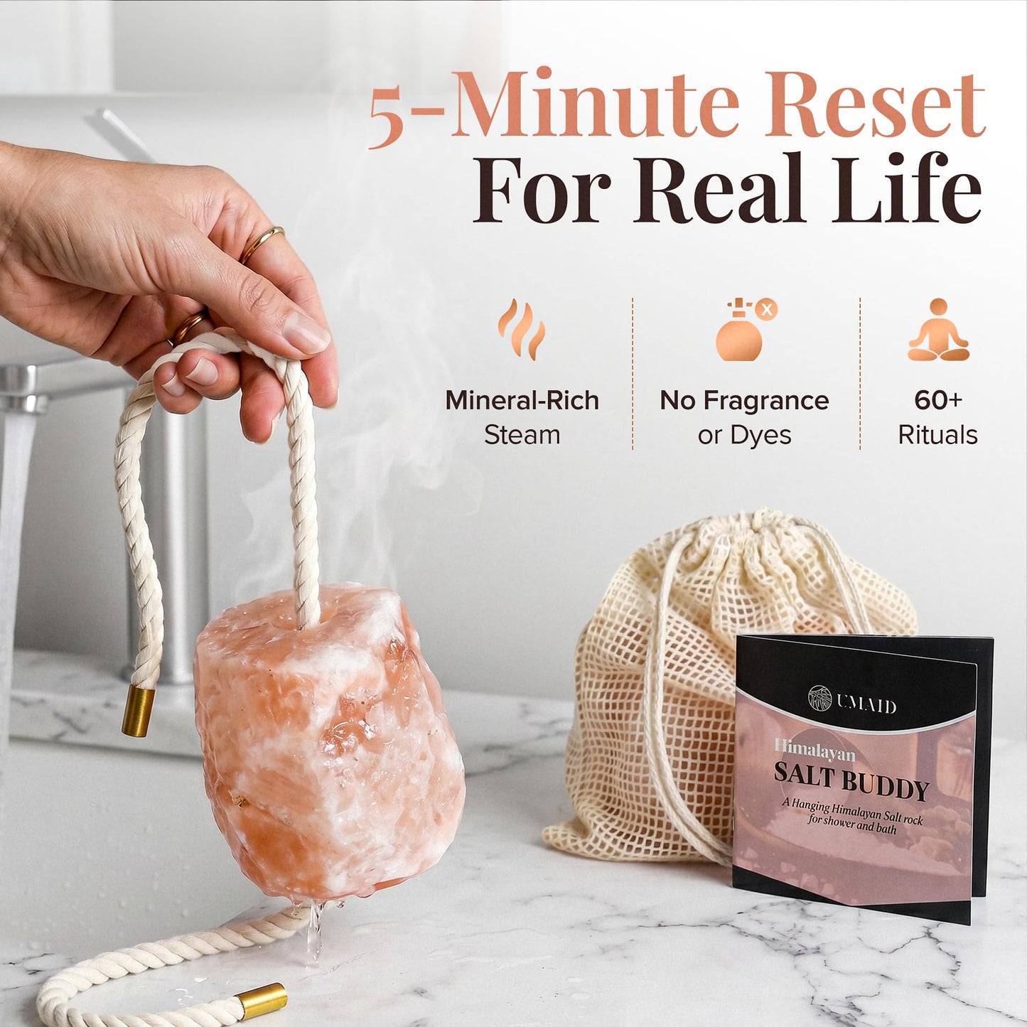 UMAID Himalayan Pink Salt Rock for Shower & Bath – Salt Buddy™ 2 lb Hanging Mineral Stone for Spa-Inspired Relaxation, Self-Care & Bath Soaks, Unique Wellness & Home Spa Gifts for Men & Women