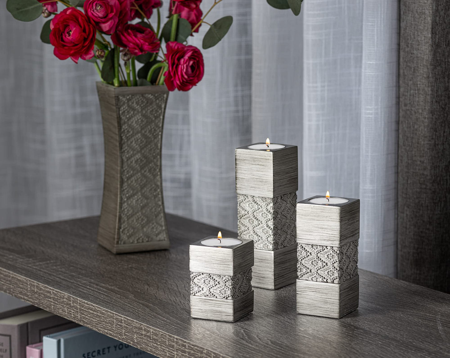 Creative Scents Dublin Silver Small Tealight Candle Holder Set of 3 - Centerpiece for Living Room and Dining Room Table Decor, Coffee Table Decor, Ideal for Fireplace, Entrance or Bathroom