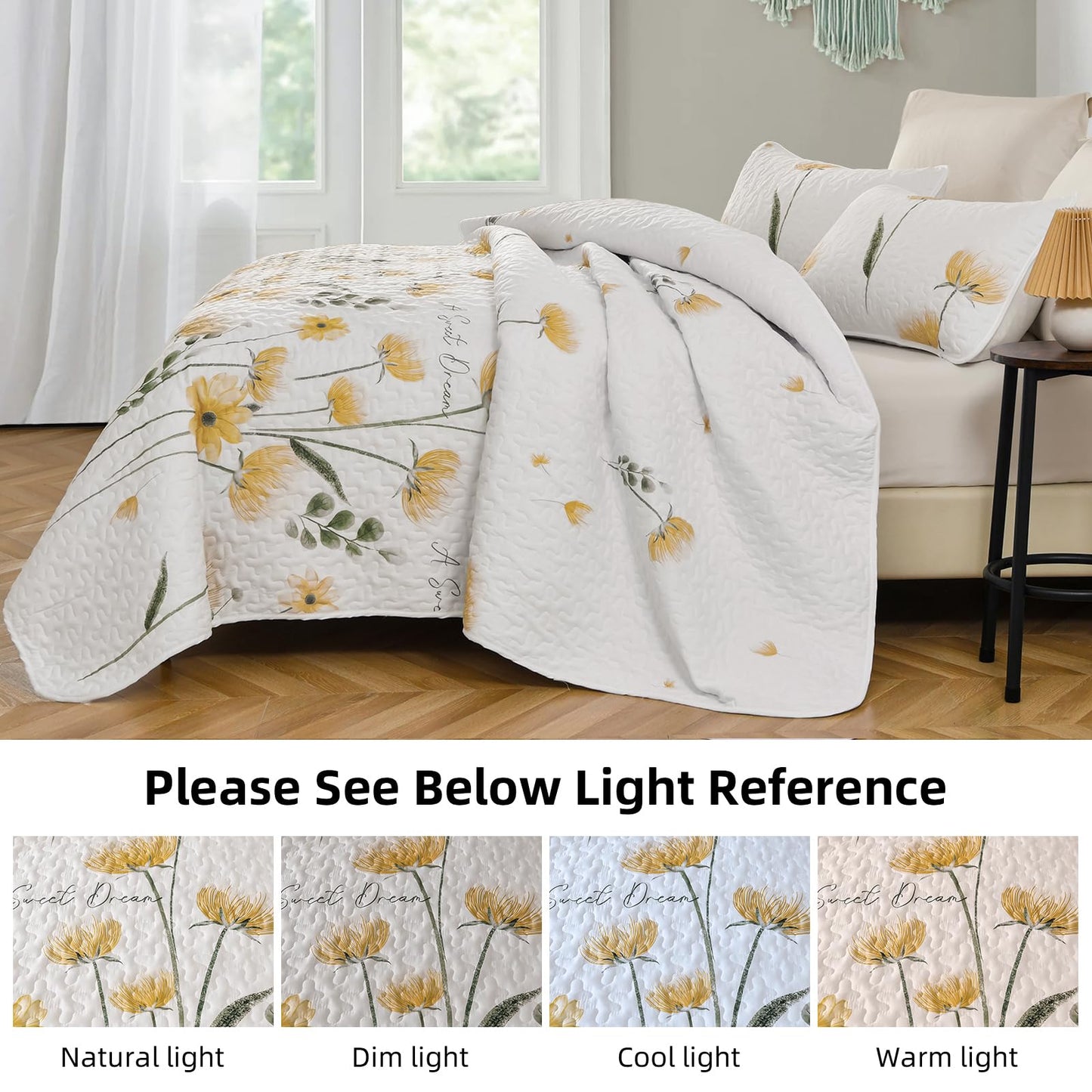 Dinjoy Quilt Set Queen Cute Floral Bedspread Coverlet Yellow Flower Quilts Microfiber Lightweight Summer Bedding Sets Reversible Soft Quilted Bed Cover for All Season(96"x90")