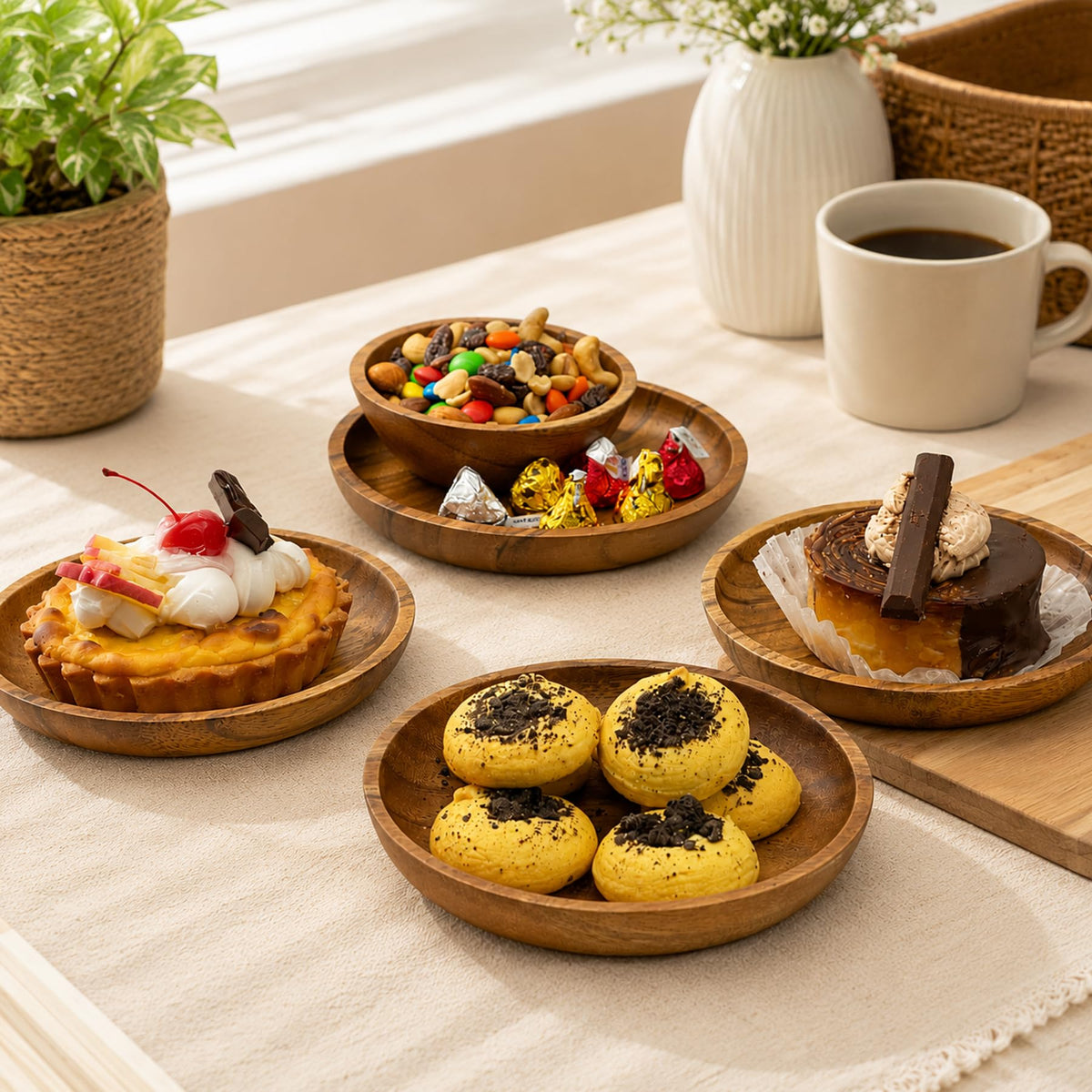 WRIGHTMART Acacia Wooden Plates Set of 4 – 6” Round, 1 Inch Thick Solid Wood Dessert, Snack & Side Plates, Handcrafted Natural Tableware for Appetizers, Bread, Small Portions