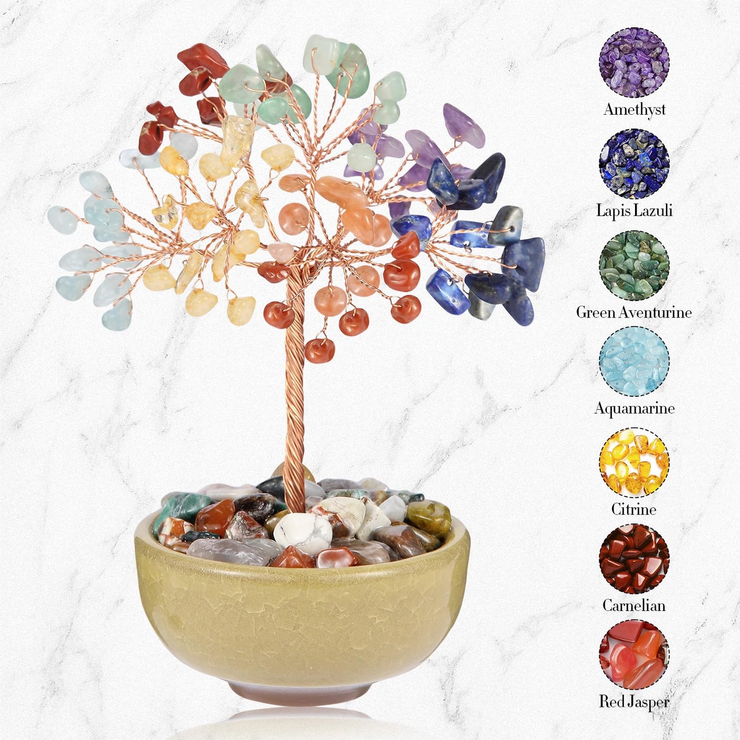 7 Chakra Crystal Tree with Ceramic Base,Natural Gemstone Feng Shui Money Tree for Wealth,Good Luck & Positive Energy,Handmade 5 Inch Healing Abundance Bonsai for Home Office Decor