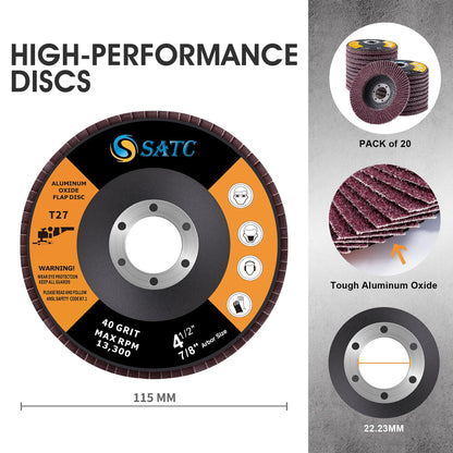 SATC Flap Discs 115mm 20 Pack Grinding Discs 40/60/80/120 Grit for Angle Grinder to Sanding Grinding Metal Wood