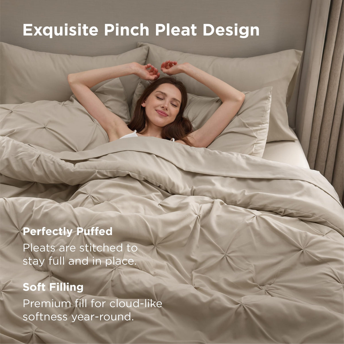 Bedsure Queen Comforter Set Beige - Bed in a Bag Queen Size Bedding 7 Pieces, GentleSoft™ Pintuck Bed Set Gift for Family, All Season Down Alternative Comforter with Sheets, Pillowcases & Shams