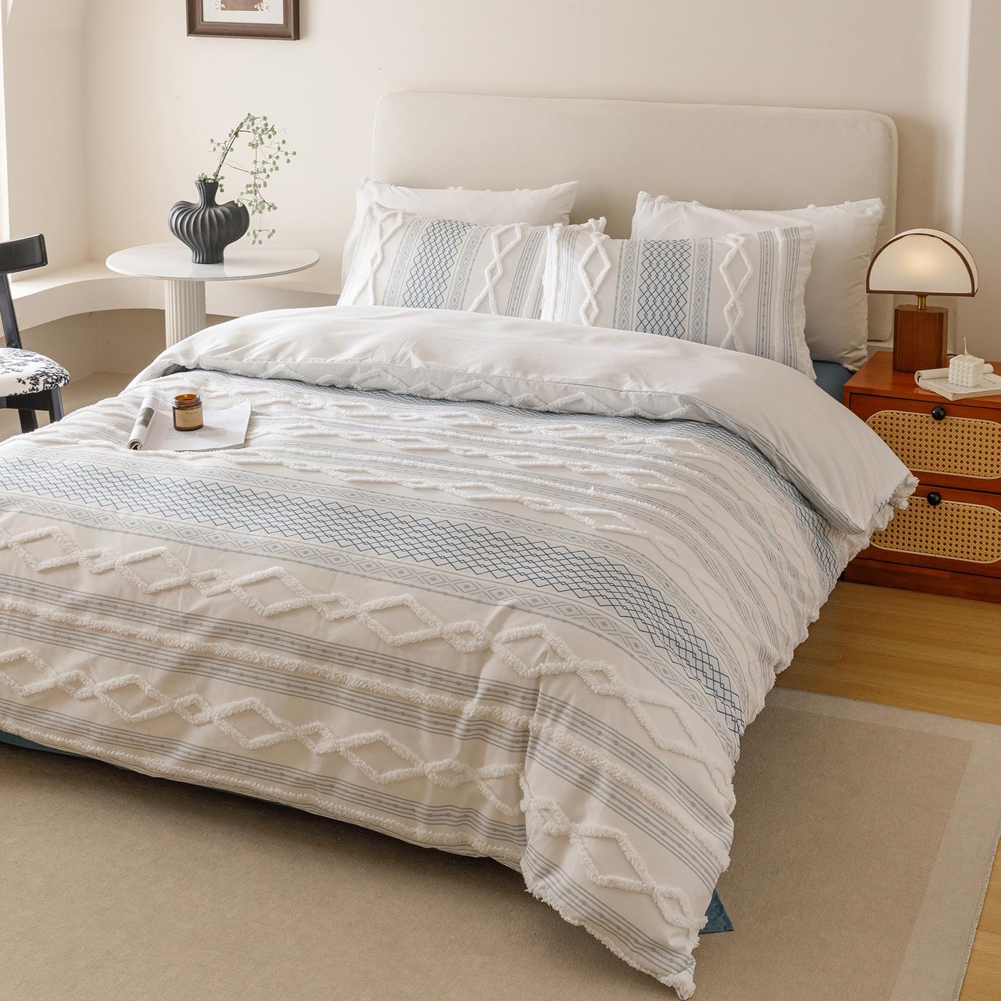 KAREVER Ivory Blue Boho Comforter Set Full Mixed Textures Jacquard Bedding Set Durable Chic and Stylish Bedroom Set