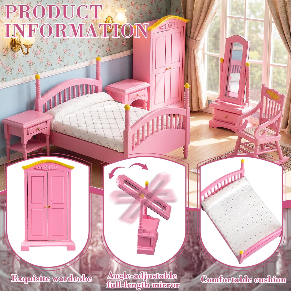 Skylety 7 Pcs Wooden Dollhouse Furniture Set 1: 12 Scale Victorian Dollhouse Bedroom Furniture, Bed Dressing Table Wardrobe Carpet for Adults Toys Miniature Doll House Accessories(Pink,Bright)