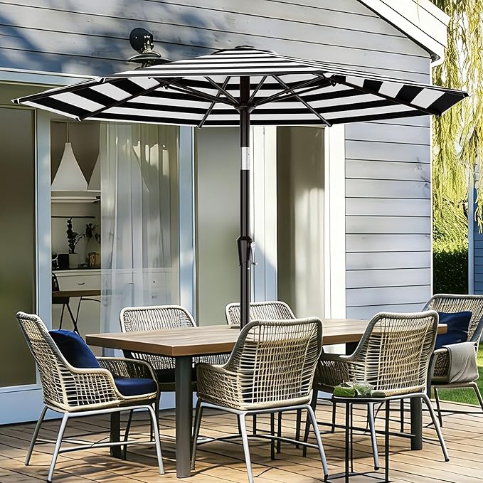 AreShark 9 FT Patio Umbrella for Outdoor, Outdoor Table Umbrella with Push Button Tilt and Crank, Outdoor Patio Umbrellas with 8 Sturdy Ribs for Market, Garden, Pool (Black & White Stripe)