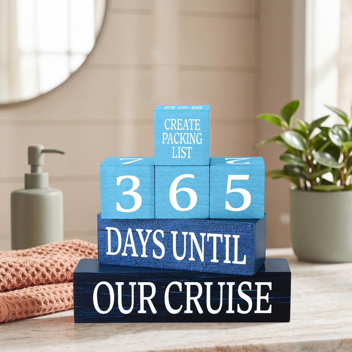 7 Pcs 365 Days Cruise Countdown Wooden Table Decor, Cruise Activities Decision Dice Table Decorations for Home Office